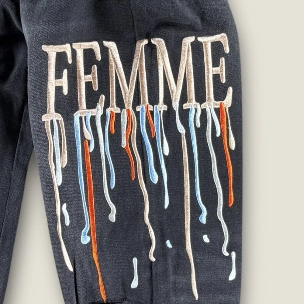 Homme Femme Distressed & Logo‎ Patch Jeans BRAND NEW Sz 36 Denim Black